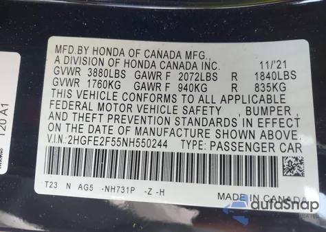 2022 Honda Civic Sport из США, поврежденный, VIN 2HGFE2F55NH550244